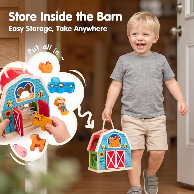 hahaland Wooden Montessori Toys for 1 Year Old, Farm Animals Barn for Toddlers 1-3 Shape Sorter Stacking Learning Toy for 1 2 3 Year Old Boys Girls Educational Toy Christmas Birthday Gift