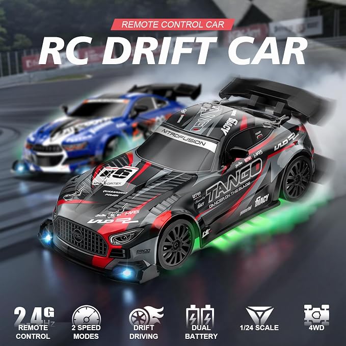 RC Drift Car,1:24 4WD High Speed Electric Remote Control Car with LED Lights,Drifting Tires,2 Batteries,Dual Mode Tires,Hobby Racing Toy Car for Adults & Kids