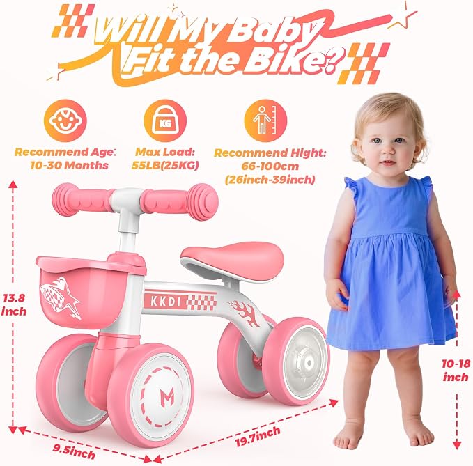 Kkdi Baby Balance Bike Ride on Toys for 1 2 Year Old, Pink Toddler Bike, First Birthday Gifts for 1 2 Year Old Girls, Baby Indoor Outdoor Toy, Colorful Lighting Silent Wheels, No Pedal/Basket