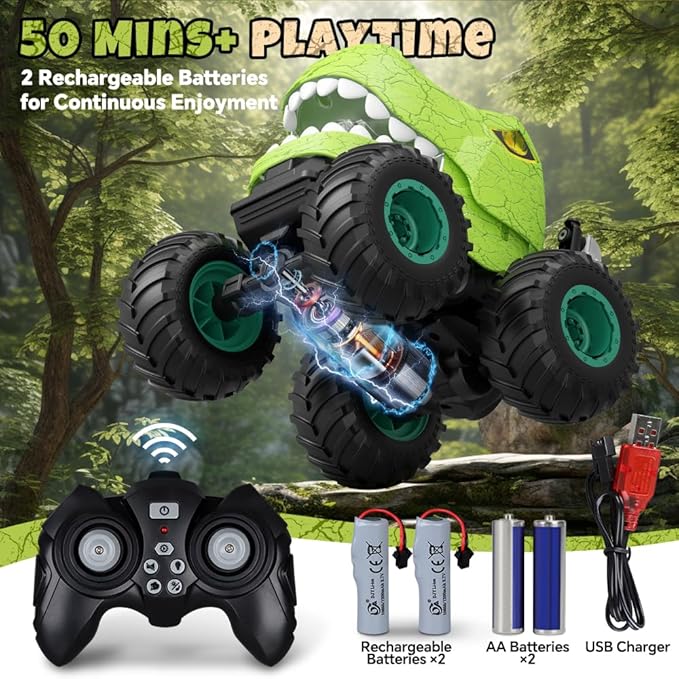 Drefirsa Dinosaur Remote Control Car for Kids Ages 3-5 6-12, Remote Control Monster Truck with Spray, Light, 360° Rolling&90° Driving, All Terrain Dinosaur Toy for Boys Birthday Gift
