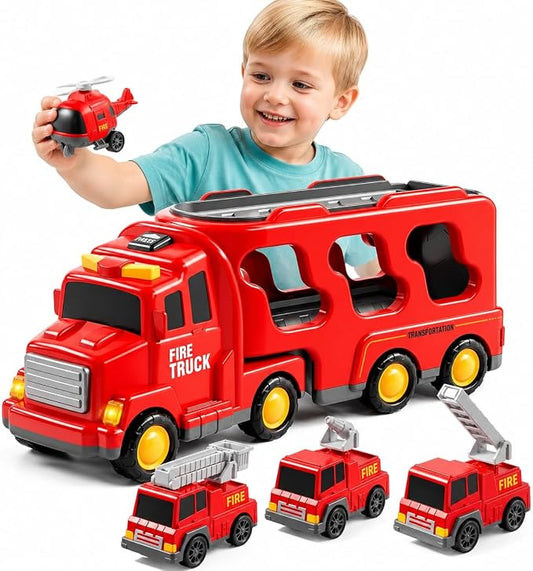 Bennol Fire Truck Toys for 1 2 3 4 5 Years Old Boys Toddlers, Cars Toys Gifts Fire Trucks with Ladder Fire Trucks & Helicopter, Toddler Car Toy Set for Kids Boys Girls