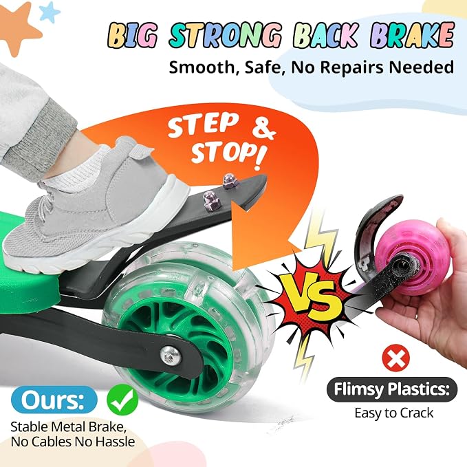 3 Wheel Kids Kick Scooter for Ages 3-12, Lean-to-Steer, Light-Up Wheels, 3-Level Adjustable Handlebar 27.5”-33”, Wide Non-Slip Deck, Dual Rear Brake,Travel Foldable, for Boys & Girls Toy Gifts