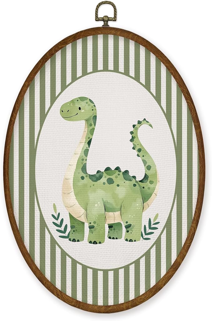 WULQYING Vintage Dinosaur Nursery Wall Art Decor, Boys Room Oval Framed Canvas Art Prints, Green Striped Brontosaurus Dino Wall Hanging Decor for Kids Boys Room Bedroom Playroom, 8.6x11.4 Inches