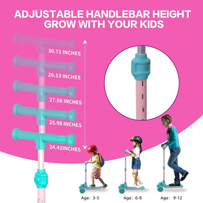 Nattork Kids Scooter for Girls with Light Up Wheels, Deck and Headlight, Wide Anti-Slip Deck and T-bar Handle with Rear Foot Brake, Adjustable Height 3 Wheel Scooter for Kids Ages 3+ and up to 220Lbs