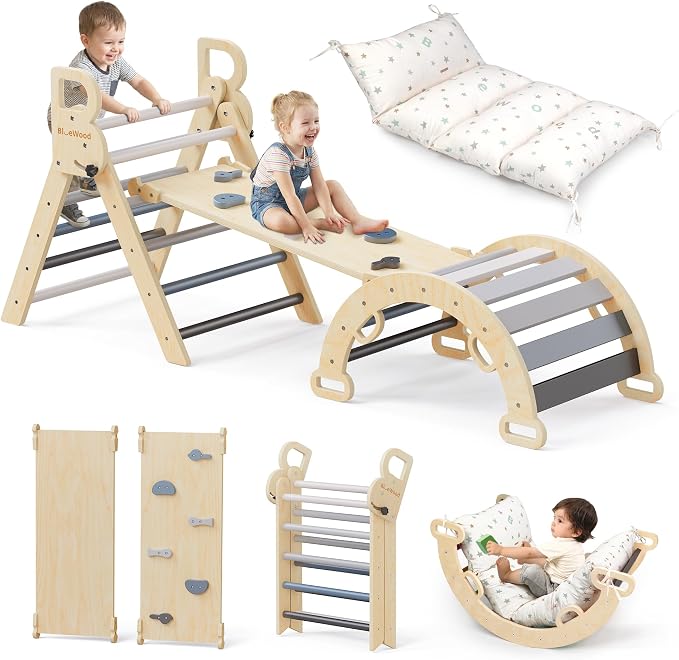 BlueWood Pikler Triangle Set with Cushion, 8-in-1 Climbing Toys for Toddlers, Montessori Philosophy Play Jungle Gym with Arch, Ramp, Ladder(Elegant Gray)