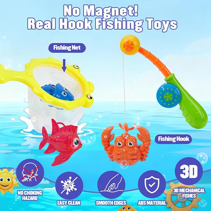 Toddler Bath Toys for Kids 1-3 3-5, Mold Free Bath Toys Toddlers 2-4, Pool Water Table Toys | Safe Fishing Toys Game Set, Pole Rod Net Tub Toys, Outdoor Water Toys, Birthday Gifts for Ages 1 2 3 4 5 8