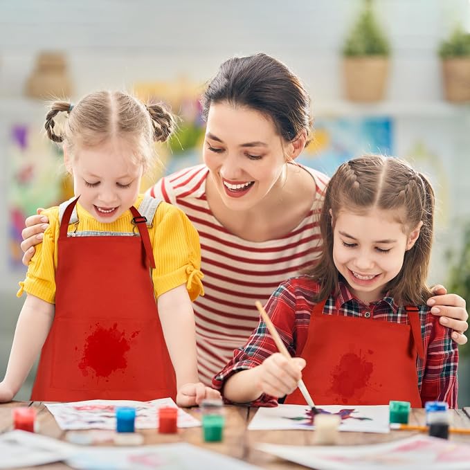6 Pack Kids Apron bulk with 2 Pockets Adjustable Chef Art Apron Kids Painting Aprons for Cooking Baking Painting Crafting Grilling Activity（Red）