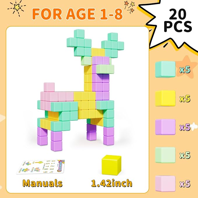 Large Magnetic Blocks Travel,20PCS 1.42in Building Blocks for Toddlers 3-5,Magnet Cubes for Toddlers,Sensory Montessori Toys Sets Learning Construction Squares Stem Toys for Boy,Girl,Kids,Kit,Gift,4-8
