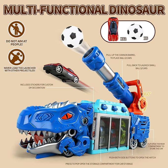 STBEIMEIMY T-Rex Dinosaur Truck, Foldable Storage & Ejection Shooting with 10 Cars Foldable Carrier Stores 10 Cars & 12 Balls, Fun Shooting Game, Sturdy for Active Play, Great for Travel