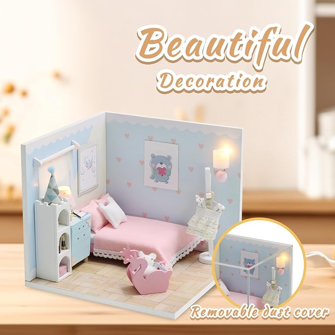 Kisoy Dollhouse Miniature with Furniture Kit, DIY 3D Wooden DIY House Kit A Corner of a Small Apartment Style with Dust Cover & LED,Handmade Tiny House Toys for Kids Adults Gift (Dream Room)
