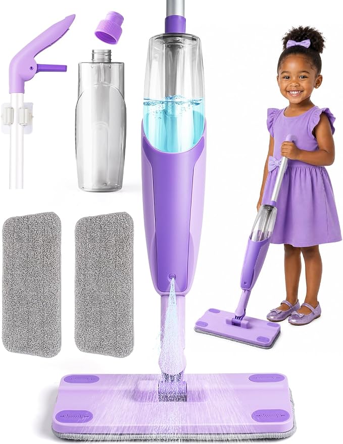 Purple Mini Spray Mop for Toddler-Montessori Cleaning Toy that Real Spray Water,Pretend Playhouse Essentials for Girls Ages 3-8,Toddler Educational Housekeeping Set