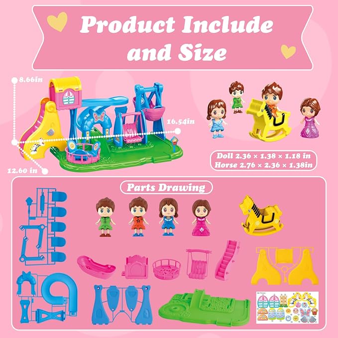 Building Toys Kids Playground Set, Pink Amusement Park Toy Playset with 4 Doll Figures, Swing Slide Rocking Horse & Spinning Ride, Pretend Play Dollhouse for Girls 3 4 5 6 7, Gift for Kids