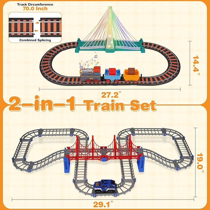 Electric Train Set for Kids Ages 5-8, 2 in 1 DIY Tracks Toy Dual-Layer Tracks with Light-Up Bridge & Realistic Sounds 100+ Piece STEM Building Toy for Boys Birthday Gifts 3 4 5 6 7 8+