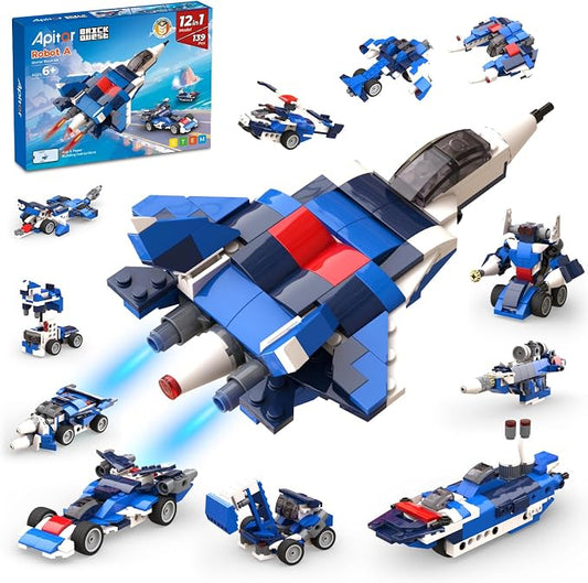 Apitor 12-in-1 STEM Building Blocks Kit for Kids Ages 6-12 | 139 Pcs Creative Construction Toy with Digital App & Paper Manual | Fighter Jet Model Build Robot DIY Activity Toy for Ages 6+ Years