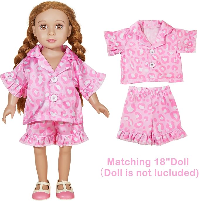 ICOSY Matching Doll & Girls Silk Pajamas Satin Pjs for Girls Button-Down Top and Shorts for 18" Doll Girl Clothes