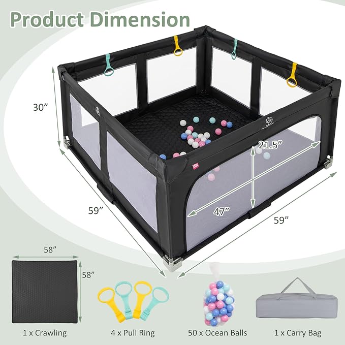 INFANS Foldable Baby Playpen with Mat, 59” x 59” Large Baby Play Yard for Infant with 50 Ocean Balls, 4 Handlers, Carry Bag, Indoor Outdoor Fence Toddler Activity Center (Black, 59” x 59”)