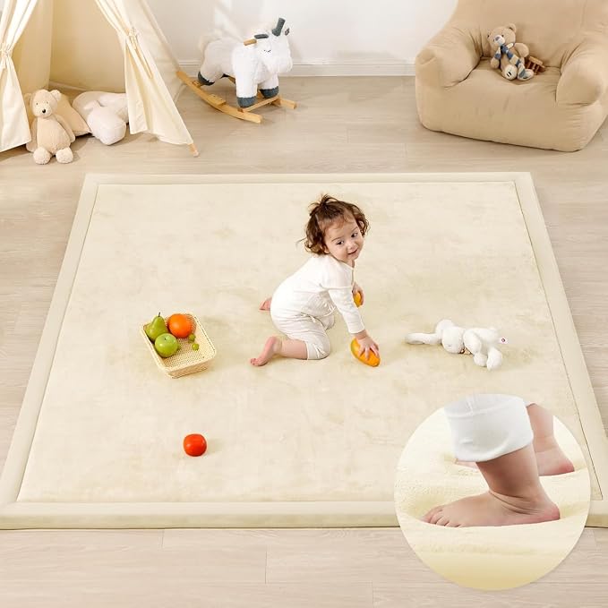 1.3" Thick Foam Baby Play Mat Extra Large 118x158, Basic Padded Plush Tummy Time Crawling Mat, Non-Slip Support Area Rug for Playroom Nursey Living Room (Ivory)