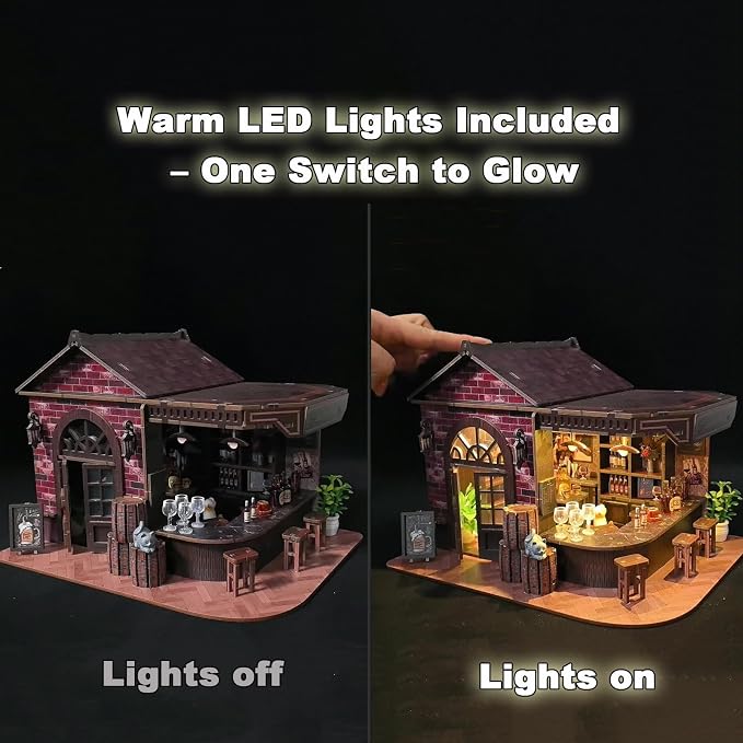 Book Nook Kit, DIY 3D Wooden Puzzle Miniature House, Vintage Pub Corner Tavern with LED Lights, Mini Dollhouse Building Kit Tiny House for Adults, Christmas Birthday Day Gift for Family