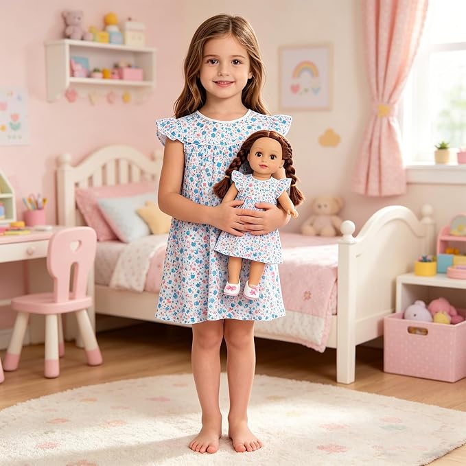 AmzBarley Matching Doll & Girl Pajamas Girls Nightgowns Sleepwear Night Dress for Kids and 18 inch Doll Clothes