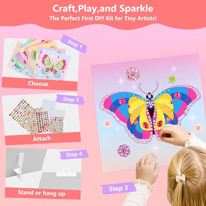 Marlrin Butterfly Gem Crafts for Girls Ages 4-8, Diamond Art Kit for Kids | 8 Pack Easy Gem Sticker Arts, 1000+ Gems, Peel & Stick No Mess, Hang & Display Stand, Party Favor, Birthday Gift for Girls