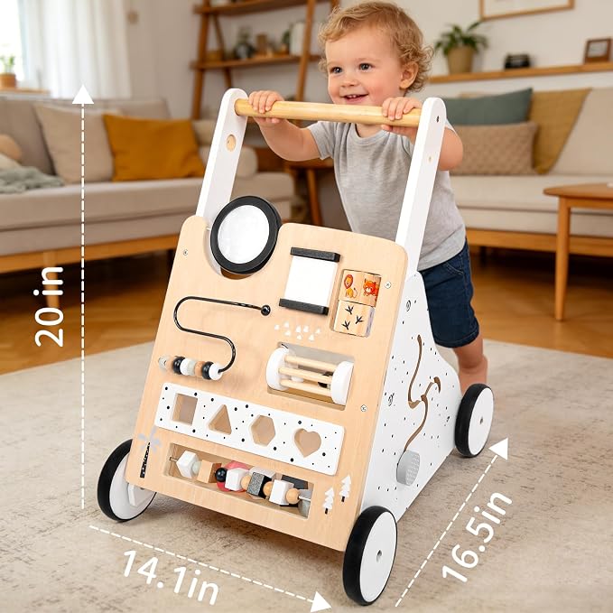 Wooden Baby Walker for Toddlers 1-3, Adjustable Height Montessori Push Toy with 9-in-1 Activity Center, Baby Push Walker with Wheels for Learning to Walk, Gift for 12 Month Old Girls Boys