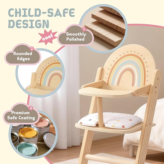 Freniland Wooden Doll High Chair with Cushion, Pretend Play Baby Doll Feeding Chair, Fits 18–20 Inch Dolls, Natural Wood Color for Girls Ages 3+