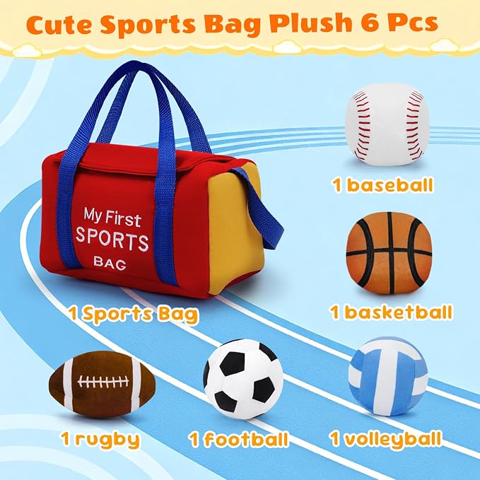 My First Sports Bag Plush, Baby Sports Toys Plushie with 5 Pcs Ball Plushy for Toddlers, First Birthday Gifts for Boys Girls