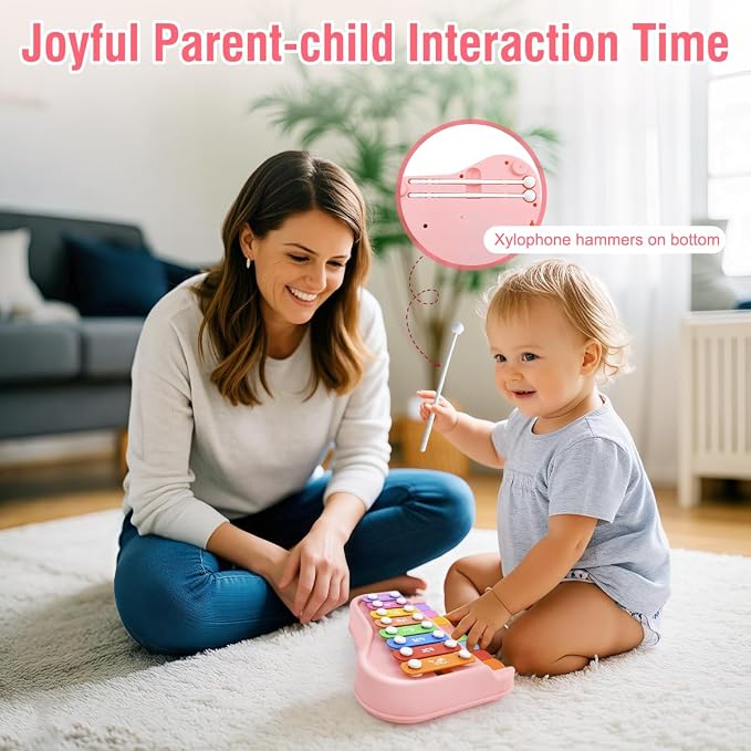 Pink 2-in-1 Toddler Xylophone Piano Toy, Toddler 8 Key Musical Instrument with Mallets & Music Cards, Montessori Educational Gift for Girls Ages 1-3