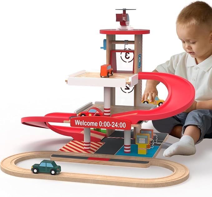 Wooden Parking Garage Toy Set for Toddlers Ages 3-5 - Hand-Crank Elevator & Spiral Ramp Track, Compatible with Standard Train Tracks, Birthday for Boys and Girls
