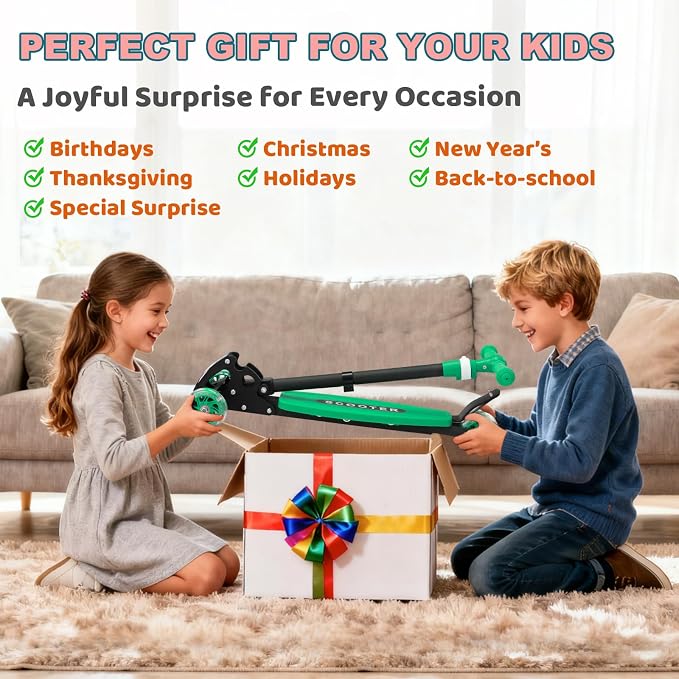 Kick Scooter for Kids Ages 6-12, Stable 3 Wheel Kids Scooter with LED Light-Up Wheels, 3 Adjustable Heights, Lean-to-Steer, Foldable, 6" Extra Wide Deck for Boys and Girls Gifts