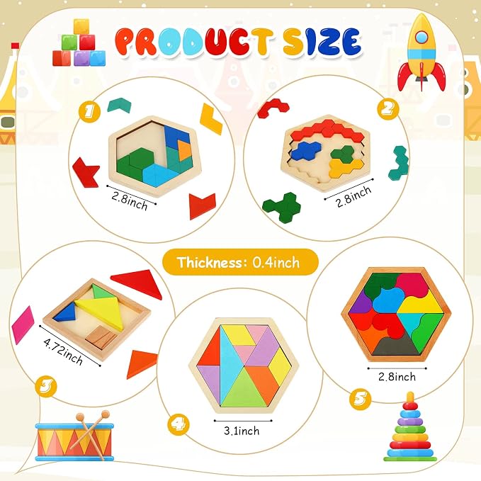 Jerify 5 Pack Wooden Tangram Puzzle for Kids Wooden Hexagon Puzzle Block Teaser Geometric Shapes Tangram Games for Boys Girls Toddler 1-3 Jigsaw 3D Logic IQ Game Gift