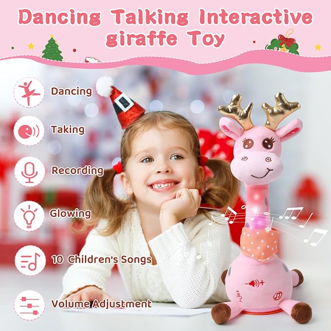 Dancing Talking Giraffe Toy, Stuffed Animal Baby Toy Repeating What You Say, Glowing Musical Giraffe Gifts for Toddlers 1-3 Years Old, for Kids (Pink Giraffe with Golden Antlers)