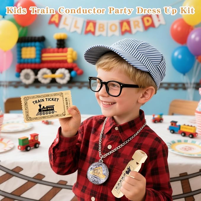 Kids Train Conductor Costume Set 7 Pcs - Halloween Engineer Dress Up with Wooden Train Whistle, Ticket Punch & Pocket Watch | Complete Role Play Accessories for Boys Girls Ages 3-12