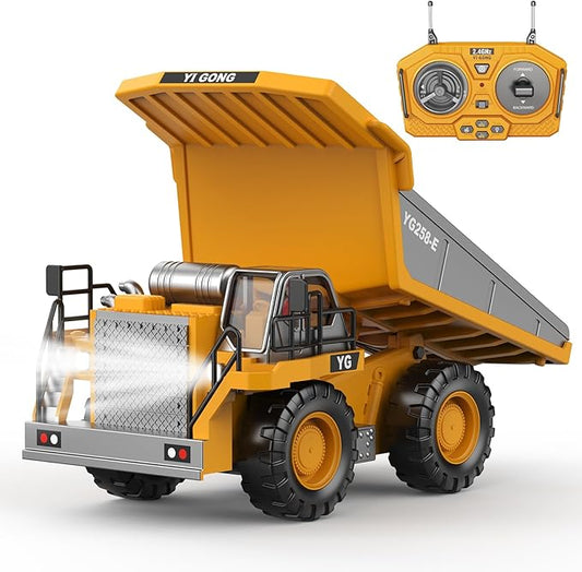 9-Channel RC Dump Truck Toy, 2.4GHz Remote Control Truck with Metal Bed, Light & Sound, 2 Rechargeable Batteries, Construction Vehicle for Kids Boys Girls Ages 3-12