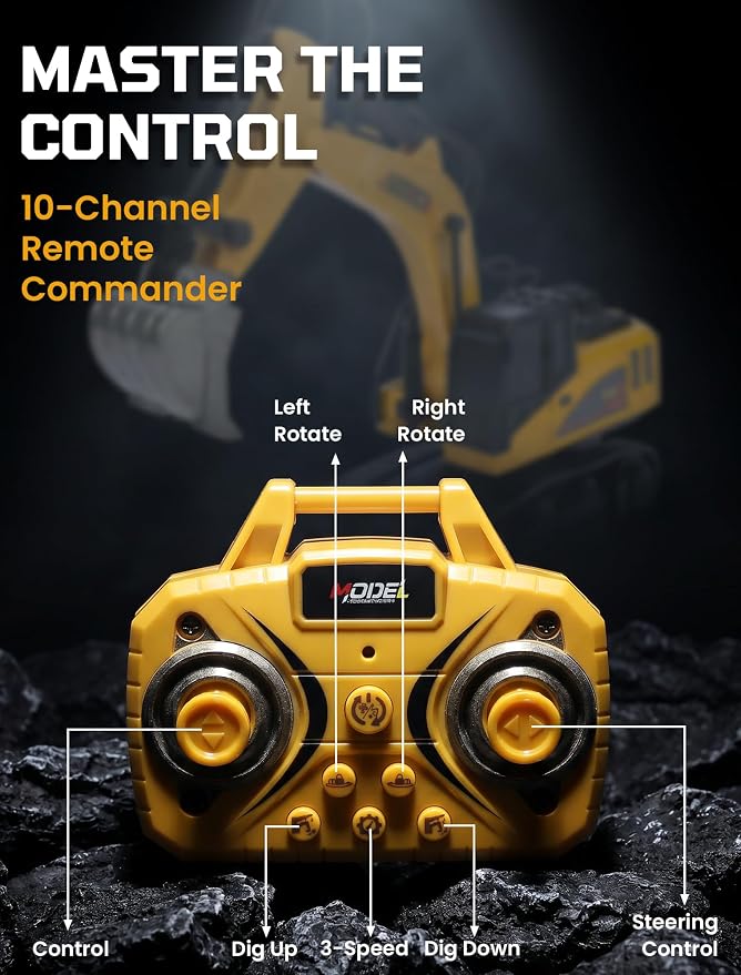 SHINESIGNAL10 Channel Mini RC Excavator Toy, Remote Control Excavator for Adult, Metal Aolly Bucket,Type-C Rechargeable, Construction Vehicle Toy for Boys 3+ Year Old