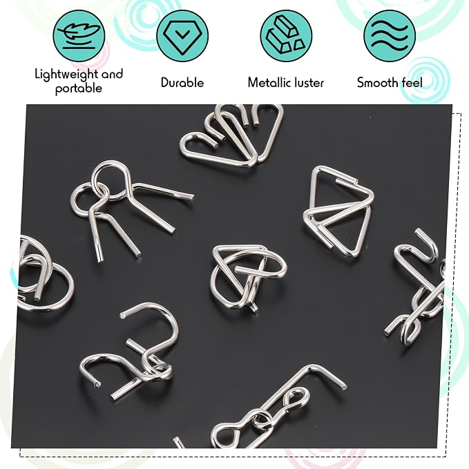 Metal Wire Puzzle Set of 8 with Pouch, Brain Teaser Puzzles IQ Test Ring Disentanglement Unlock Interlock Game Trick Metal for Party Favor Challenge(B Style)