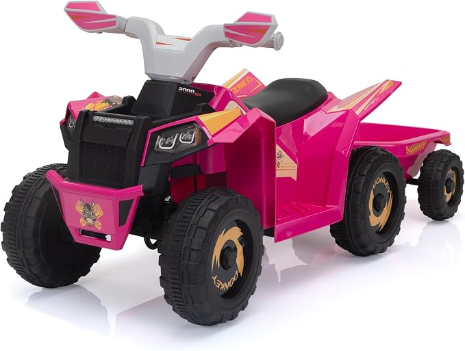 TOBBI 6V Electric Kids Ride On Toy Car with Trailer, Toddler 4 Wheeler Powered Vehicle to Drive with Music/Battery Volume Display for Children Age 3-6 -Rose Red