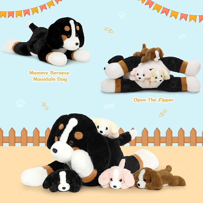 Tezituor Bernese Mountain Dog Stuffed Animal,24 Inch Mommy Dog Plush with 4 Puppies,5-in-1 Realistic Plush Dog with Zipper,Large Stuffed Dog Toy Gift for Kids,Girls,Boys,Dog Lovers Christmas Birthday