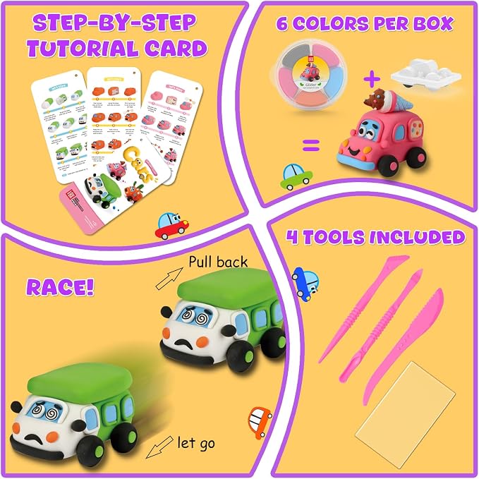 Air Dry Clay Kit for Kids - Pull Back Car Making, 3 Boxes Modeling Clay with Sculpting Tools, Base, Backing Board, Tutorial, Ultra Light & Soft, Non-Toxic & Safe, Creative DIY Arts and Crafts Toys