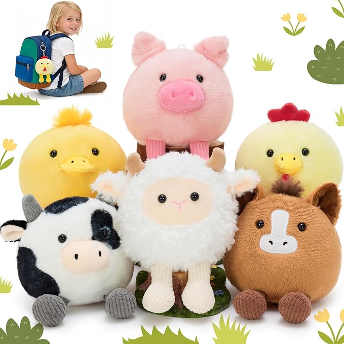 MorisMos 6Pcs Farm Animal Plush Keychains Set, 6.3" Cute Soft Stuffed Pig Cow Sheep Chicken Duck Horse Toys for Backpack, Classroom Graduation Party Favors, Christmas Birthday Gift for Kids