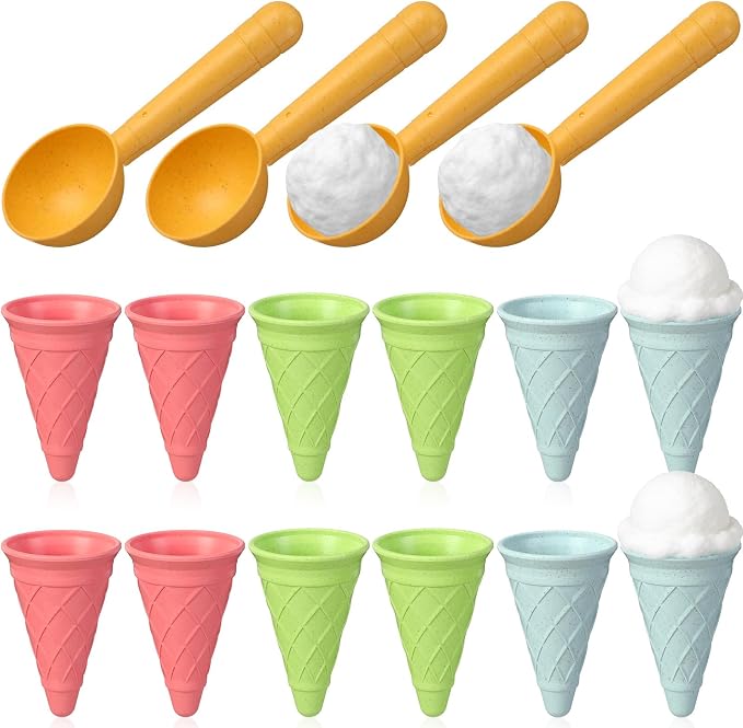 Potchen 16 Pcs Plastic Ice Cream Cones Cups and Scoop Set, Beach Sand Toys for Kids, Summer Sandbox Ice Cream Mold Set for Sensory Table, Outdoor Play Backyard Seaside Activities, Macaron Pastel