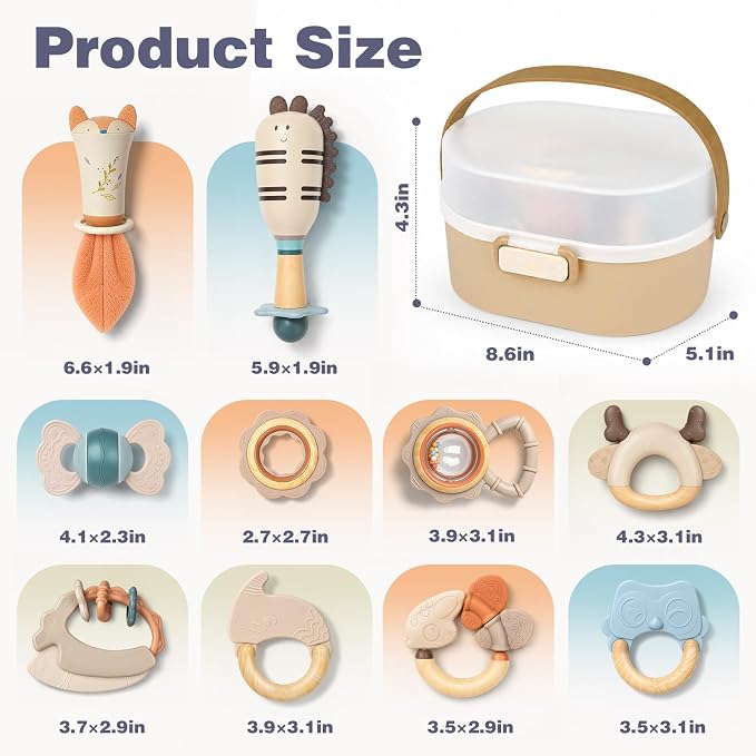 Joyreal Baby Rattles & Teething Toys Set, Baby Toys 0-6 Months, 10-Pack | Easy to Clean & Sterilize, Food-Grade Silicone, Neutral, Sensory Development, Textured Surface, Storage Box, Baby Shower Gift