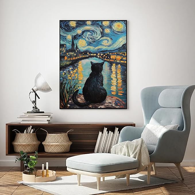 RYMILIE Cat Diamond Art Kits for Adults-Starry Night Diamond Painting Kits for Adults Beginners, 5D DIY Full Drill Round Rhinestone Gem Art Crafts Paintings for Home Wall Decor 12"x16"