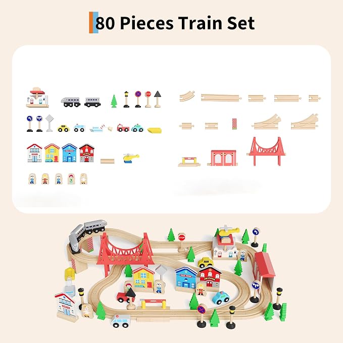 Garvee 78 Piece 4-in-1 Wooden Train Table for Kids - Multipurpose Activity Play Set with Reversible Top, Tracks & Built-in Storage, Natural Wood