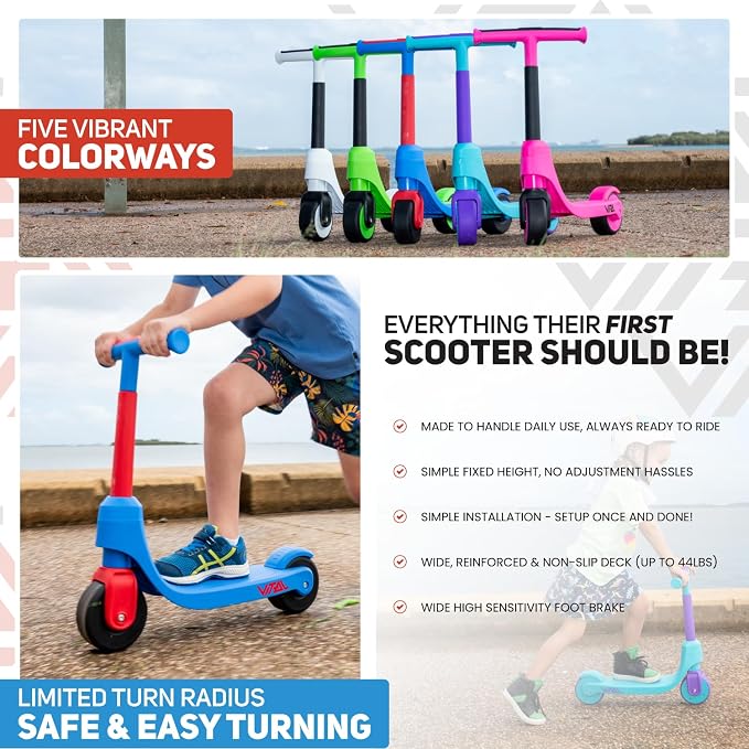 Vital First 2 Wheel Toddler Scooter | Beginner Balance Training Kids Toys for Ages 2-5 | Durable Lightweight Design & Fixed Height Kids Scooter | Wide Wheels and Foot Brake