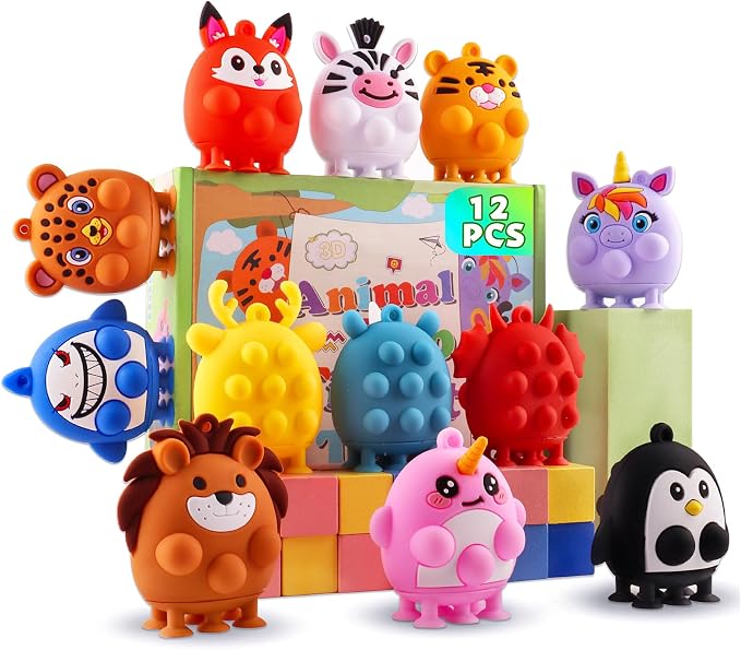 ChildFun 12PCS Animal Suction Popper Fidget Toys, Toddler Travel Toys for Airplane Car Activities, Silicone Sensory Toys, Party Favors for Kids, Goodie Bag Stuffers, Toys for 1+ Years Old