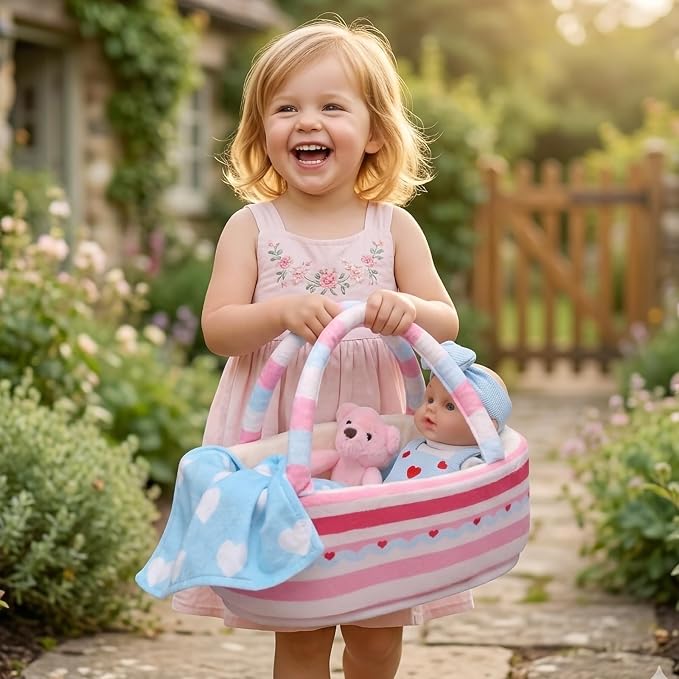 Uzoxlsn 15 Pcs Baby Doll Accessories with 12" Doll, Cotton Carrier Bassinet, Bedding, Feeding & Caring Set, Magic Bottle, Pacifier, Diaper, Blanket, Pretend Play Game Gift for Girls Age 3+ Toddler