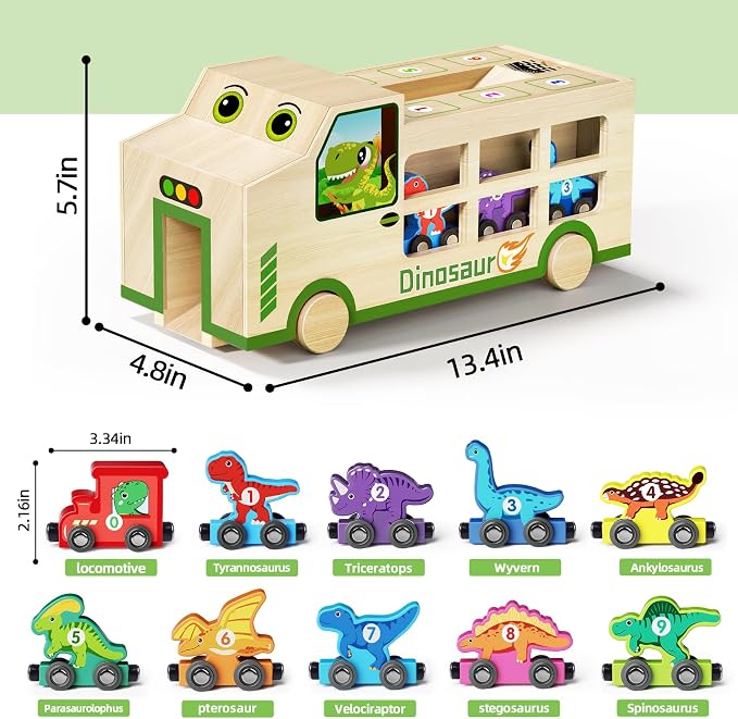 GJZZ Wooden Dinosaur Truck & 10 Magnetic Wooden Dinosaur Train Set | Montessori STEM Toys, Kids 2-5 Years, Toddler Learning Toys, Birthday Gifts for Boys and Girls