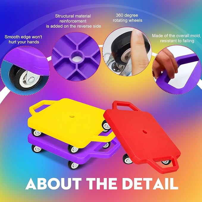 4 Pcs Sports Scooter Board with Handles Sitting Scooter Board Colored Plastic Casters Sport Floor Scooter Board Children Gym Indoor Outdoor Activities Play Equipment
