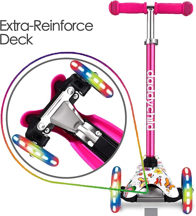 3-Wheel Kick Scooter for Kids Ages 3-8 Lean-to-Steer Toddler Scooter with Extra Wide Light Up Wheels, 4 Adjustable Heights, Foldable Scooters for Boys & Girls, Max Weight 110lbs
